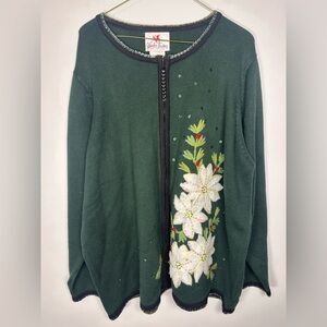 Quacker Factory Dark Green Pointsettia Zip Up Cardigan Sequins sz 3x Christmas